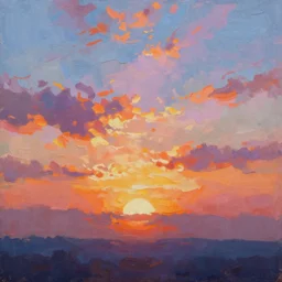 an impasto oil painting of a stunning, colorful sunset painted by ken hong leung, pastel colors, complementary colors