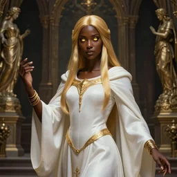 Full portrait of a young Cleric Lady, pearl white robes with golden details, alluring, detailed face, dark brown skin, supernatural golden eyes, golden straight hair, bracelets, floating, spellcasting, statues and an altar filling the background, SINGLE CHARACTER!, highly detailed, dark fantasy, dnd, d&d, dungeons and dragons, smooth, sharp focus, no extra characters, realistic, digital illustration, by Krenz Cushart and Artem Demura and alphonse mucha, artstation, HD, 4K, midjourney