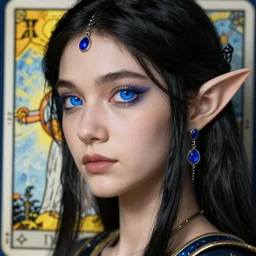 hyperrealistic detailed portrait of a female elf, cleric, fantasy, D&D, black hair, blue eyeball, blue jewellery, soft features, elegant, artstation, intricate details, tarot card, cinematic, vibrant