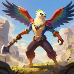 Rainbow griffon as an Apex Legends character digital illustration portrait design by, Mark Brooks and Brad Kunkle detailed, gorgeous lighting, wide angle action dynamic portrait