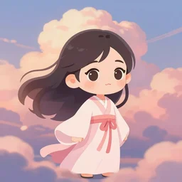 professional chibi inspired character design. flowing robes. dreamland wonderland haughty stubborn friendly modest perfect littlest pet shop princess character portrait. key visual. turbulent wind, eyes, character portrait, close - up, cute pleasing palette, undulating nebulous sunset clouds adorable, idyllic cumulonimbus adorable matte painting key visual pastel from fantasia ( 1 9 4 1 )