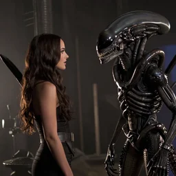 film still of Megan Fox talking with a Xhenomorph in the movie Alien(1990).