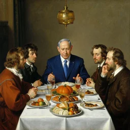 insanely detailed painting of benjamin netanyahu at thanksgiving table, by giuseppe arcimboldo and pieter claesz and grant wood