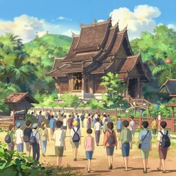 a matte of sukhothai in the sunny day, lovely, crowded landscape, japanese anime, volumetric lighting, art by makoto shinkai