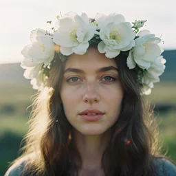 An analog frontal face portrait photography of a woman wearing an big white flowers crown by Nina Masic. Long soft hair. eyes open. Kodak Color Plus 800 film. Icelandic mood. detailed. hq. realistic. warm light. muted colors. lens flare. Glare and bloom. photoreal. Medium format photography. Rembrandt light mood. Golden hour. Leica M9.