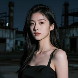 an asian woman in abandoned industrial city at night, beautiful face, dark moody lighting, by jeremy mann and alphonse mucha, dramatic lighting, ethereal, stunning, breathtaking, awe - inspiring award - winning, 8 k