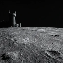 landscape of the lunar surface with a spooky medieval castle tower on the far left, digital art