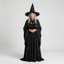 elderly witch with pointed hat, studio photography, full body, standing, isolated on a pure white background, centered, whole figure in frame, sharp focus, studio lighting