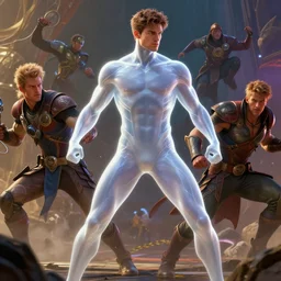 translucent realistic slim muscular male light armor suit tight clothes superhero in battle, fantasy digital art, vivid color style artstation, style greg rutkowski and frank frazetta and mucha and richard corben, octane render, unreal engine 6, epic game graphics, fantasy, conceptual art, ray tracing