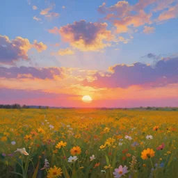 who cared, flower field, beautiful sunset on a summer day light, impressionist painting, colorful clouds, blue sky, digital painting, artstation, simon stalenhag