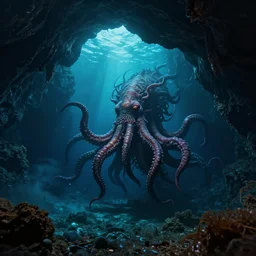 a tentacled abomination surfacing on the shores of an underground ocean, cavern, dark