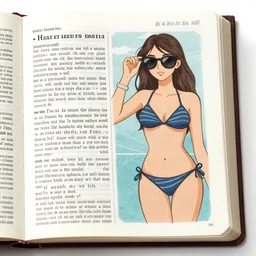 a page from the bible illustrated, showing a girl in sunglasses and bikini