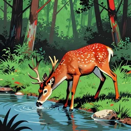 a deer drinking by a river in the forest, pop art, mainly red and green