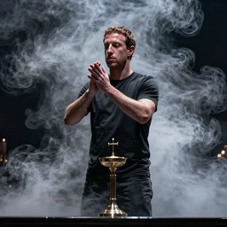 dark zuckerberg performing the dark sacrament, hyperrealistic film still, smoke, steam, dramatic low lighting, ominous, cinestill 8 0 0 t
