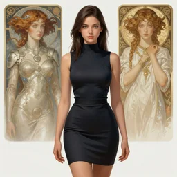 young business woman in pencil miniskirt and sleeveless turtleneck, sci - fi, highly detailed, digital painting, artstation, concept art, smooth, sharp focus, illustration, art by artgerm and greg rutkowski and alphonse mucha