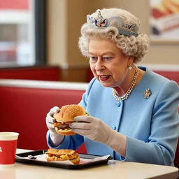 Queen Elizabeth II ordering a burger at a fast food restaurant, 2020, 8k