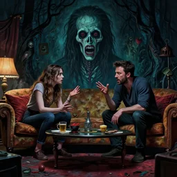 cinematic colorful horror artwork by artgerm, beksinski, stephen king ; real life full portrait of ben affleck and his wife dove cameron arguing in living room ; ground level wide shot low angle ; night ominous scary, 8 k hdr, creepy intricate ; volumetric dramatic lighting, insanely detailed, haunting