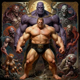 the platonic ideal of sumo of cletus kasady ultimate carnage thanos dementor doctor manhattan chtulu nazgul, detailed, intricate, hyperrealism, intense, scary, decay, dmt, art by brock hofer and artgerm and greg rutkowski and alphonse mucha