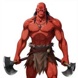 muscular red skinned oni barbarian wearing a tattered loincloth and holding two axes, detailed, portrait, makoto shinkai