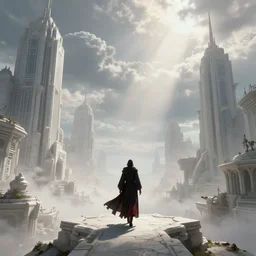 blood mage walking on a cyberpunk city, buildings made of white stone, wide angle looking at sky, misty, metropolis, gorgeous clouds, god ray, soctane render, ureal engine, high detail, alphonse mucha, greg rutkowski, james gurney, johannes voss