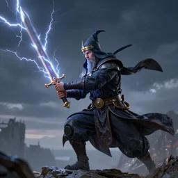 wizard holding a sword that’s getting shocked by lightning towards the sky, octane, trending on artstation, cinema 4d, highly detailed