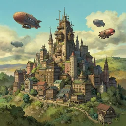 A city built on a mountain by Craig Mullins, the city buildings are in a studio ghibli aesthetic, illustrative art of various small steampunk airships flying around the city by Mattias Adolfsson, Rendered in Octane, cinematic, Highly Detailed