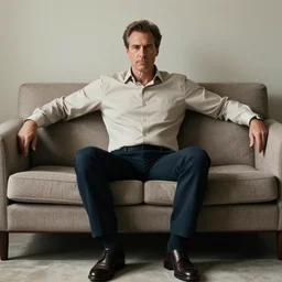 full body photo of steve, mature male, mysterious face. he is a doctor. he is sitting gracefully on a sofa, elegant slim beige shirt. he his dad belly