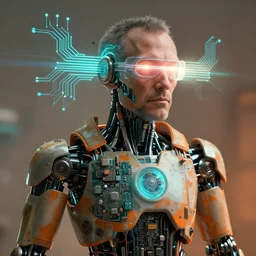 a beautiful photo of a middle - aged bionic male cyborg, cyberpunk, circuit boards, electronic components, augmented vision, volumetric light, photography, dystopian, extremely detailed, photorealistic, stunning, digital art trending on artstation, orange, cyan, washed out colors