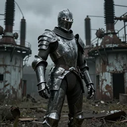 Biomechanical Arthurian Knight standing in an abandoned electrical plant, Elden Ring, Dark Souls, rubber undersuit, moody colors, 4k, glowing eyes in helmet, industrial environment, horror movie cinematography, electrical plant location, ultra realistic