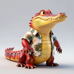 3 d render, anthropomorphic alligator, red scales on his back, yellow scale on his belly and chest, male, waring a hawaiian shirt, done by taran fiddler, hd, 4 k, high definition background