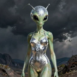 beautiful  alien extraterrestrial species female babe in a tight fitting silver metallic bikini spacesuit, , big silver head with eyestalk antennae, green skinned, big black almond shaped alien eyes by Mort Kunstler and Gil Elvgren