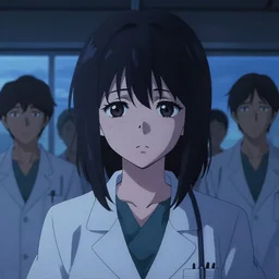 a film still of a sad anime doctor girl, finely detailed features, closeup at the faces, perfect art, dusk, blue hour, at a hangar, gapmoe yandere grimdark, trending on pixiv fanbox, painted by greg rutkowski makoto shinkai takashi takeuchi greg rutkowski, sergey kolesov, akihiko yoshida