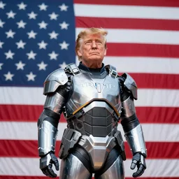 a highly detailed photograph, donald trump wearing master chief's armour, standing in front of a massive american flag