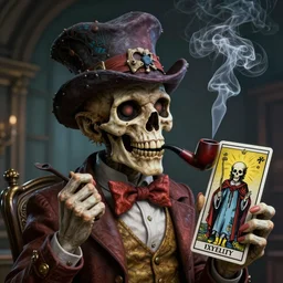 Mad hatter smoking a pipe, death tarot card,highly detailed,half skull face,cinematic,8k,by Stanley Artgermm,Tom Bagshaw,Greg Rutkowski,Carne Griffiths, Ayami Kojima, Beksinski, Giger,trending on DeviantArt,hyper detailed,horror, full of colour