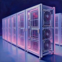 a painting by Wayne Thiebaud of a high end GPU crypto farm, cooling, high specs, ethereal!!!!!!!, by Wayne Thiebaud, neon gradient, highly detailed GPU