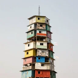 a tower made up of makeshift squatter shacks with retro colours, mamiya, 8 5 mm, f 1. 7, fully frontal view, uniform plain sky, light leaks, digital glitches, photographed by julie blackmon