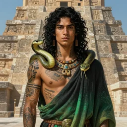 portrait of a beautiful young slim male aztec priest of the snake god, long curly black hairs, skin covered in ritual tatoos, fluent robes, with a snake on the shoulders, by greg rutkowski and alphonse mucha, d & d character, gradient black to green, in front of a decorated stone ziggurath, highly detailed portrait, digital painting, artstation, concept art, smooth, sharp focus ilustration, artstation hq