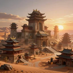 chinese temple architecture, cyberpunk 2 0 7 7 town, cinematic view, dune style, concept art, high detail, volumetric, godrays, vivid, sunrise, trending on artstation, by jasher brown durand, greg rutkowski, shishkin