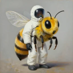 surrealistic painting of a human bee chimera wearing hazmat