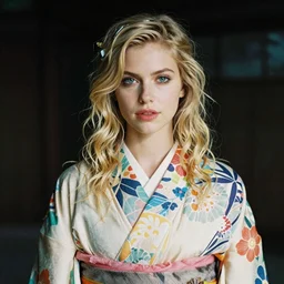 stunning, breathtaking, awe - inspiring award - winning portrait of an attractive young white woman with wavy blonde hair, wearing a colorful yukata, extremely moody lighting, cinestill 8 0 0 t