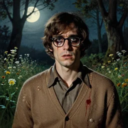 a handsome but creepy man in layers of fear, with haunted eyes, violence in his eyes, wearing a cardigan and glasses, 1 9 7 0 s, seventies, delicate embellishments, a little blood, woodland, moonlight shining on wildflowers, painterly, offset printing technique, by alexandre cabanel