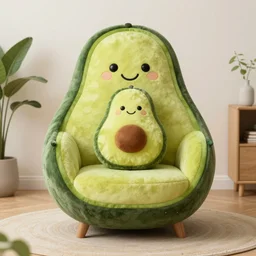 an armchair in the shape of an avocado with an avocado plushie