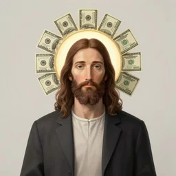 digital art beautiful perfect composition Jesus Christ with a halo of 100 dollar bills in the style of René Magritte
