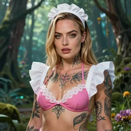 Margot robbie as a beautiful tattooed female maid wearing a magical bikini in a magical forest, detailed face, tattooed, piercing gaze, fantasy art, in the style of artgerm, illustration, epic, fantasy, intricate, hyper detailed, artstation, concept art, smooth, sharp focus, ray tracing, vibrant