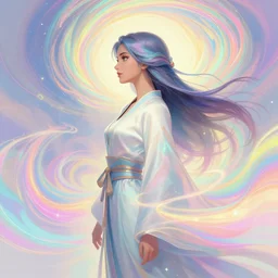 side profile portrait, maya ali as a wind sorcerer, dota 2, robes, elegant, concept art, smooth, psychedelic, colorful swirly magic ripples, pastel colors, by huang guangjian, sachin teng, greg rutkowski, jesper ejsing, ilya kuvshinov, artgerm, mucha