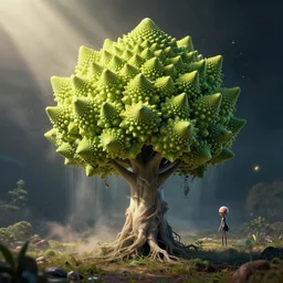 a fractal psychedelic romanesco tree reaching from a void and dissolving, a single machine elf in the distance, the fabric of reality poking through the edges, geometric vignette, magical clearing, sunshafts, dramatic lighting, dust motes floating in the sunlight, psychedelic 4 k concept art