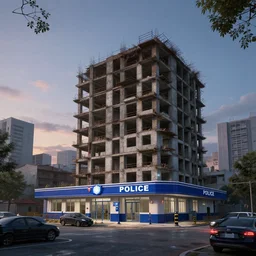 a beautiful photorealistic rendering of police station city unfinished building architecture urbex by rafael aranda, at dawn nightsky studio ghibli, archdaily, wallpaper, highly detailed, trending on artstation.