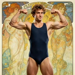aaron taylor johnson in a speedo flexing his muscles, abstract background, alphonse mucha, rhads, ross tran, artstation, artgerm, octane render, 1 6 k