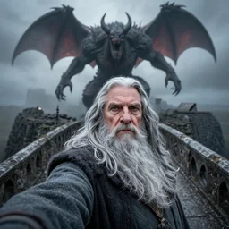 Gandalf the Grey on the Bridge of Khazad Dum, a balrog looming in the background, Selfie