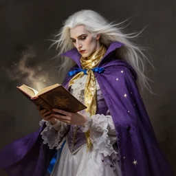 a vampire with long light white hair and a gold scarf, windy, blue ribbons, purple torn cape, stars, melancholic, modern maximalist fashion dress, is ( ( holding a magical book ) ). light dust, magnificent, hyperdetailed, theatrical, painted by jean honore fragonard and greg rutkowski